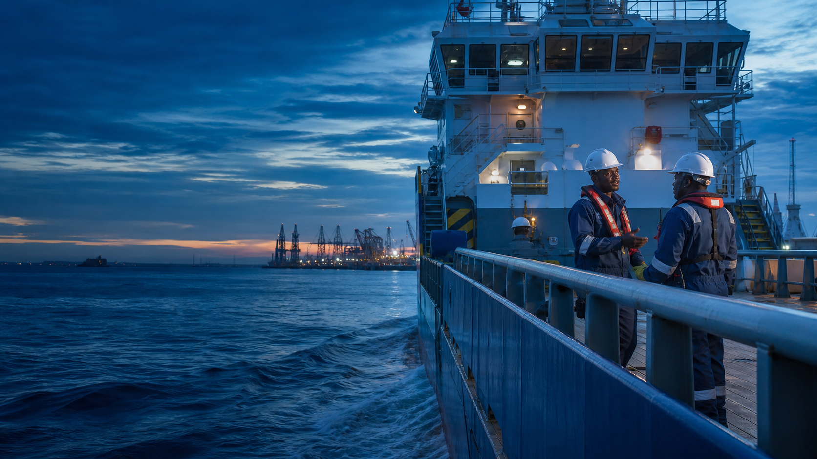Maritime crew in protective equipment aboard an offshore support vessel